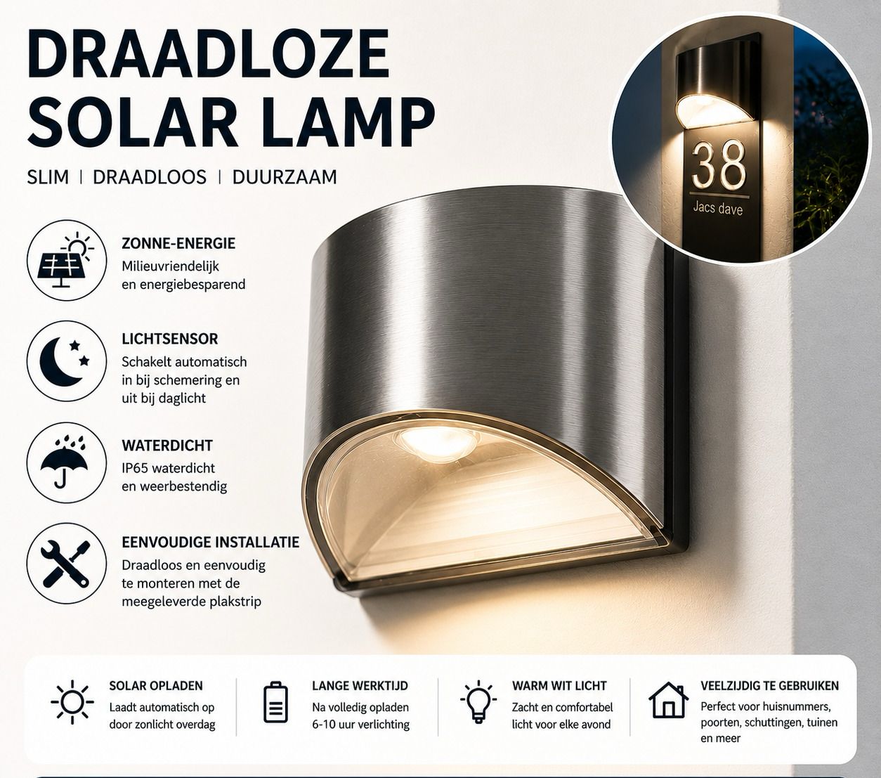 Draadloze Solar Lamp voor Huisnummerbord.
