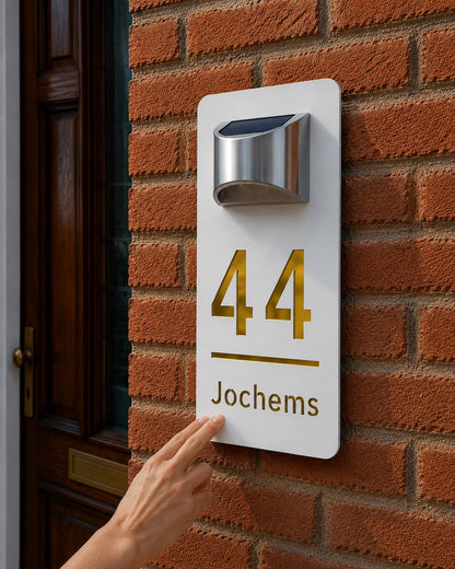 Duurzaam rechthoekig huisnummerbord met solarverlichting – helder zichtbaar, dag en nacht